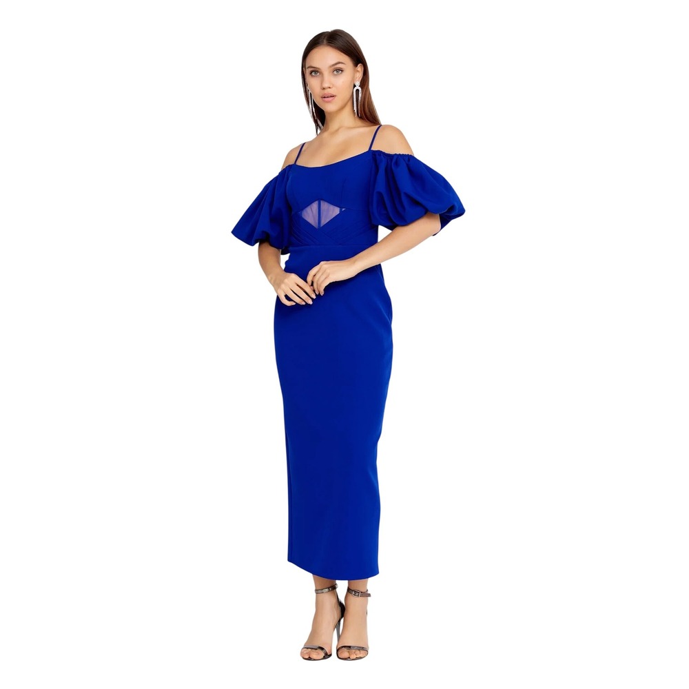 Royal Blue Off Shoulder Crepe Midi Dress Puff Sleeve Mesh Cutout European Made